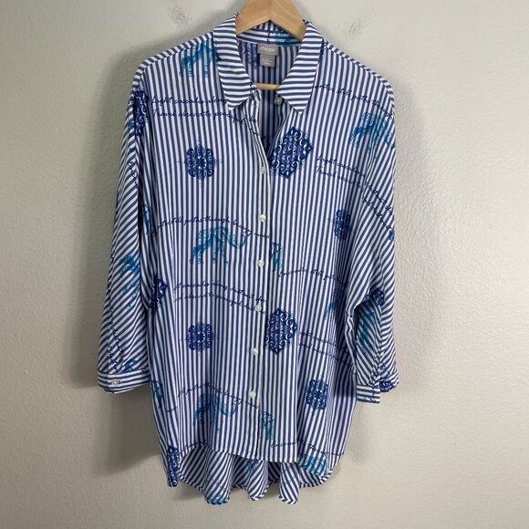 Chicos Womens XL Button Up Striped Blouse Long Dolman Sleeve Tunic Top Shirt - Picture 8 of 12